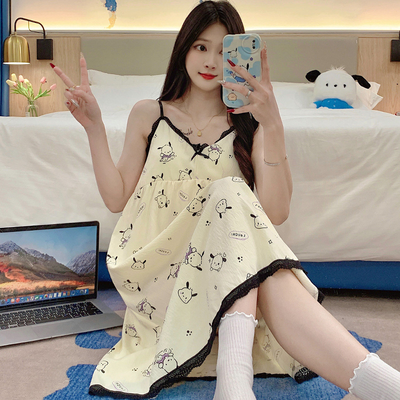 Summer Nightgown Women's Day Silk Cool Cotton Cute Sweet Sling with Chest Pad Mid-length Nightgown Loose Thin Home Clothes