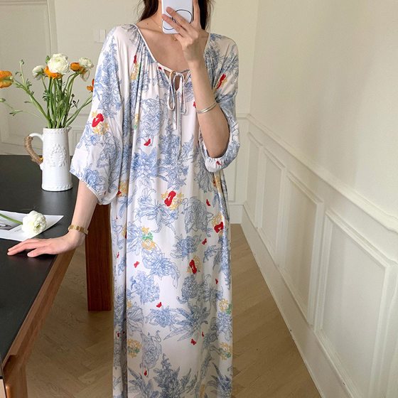2024 New National Style Nightgown Women's Summer Elegant High-end Cotton Silk Pajamas for Seaside Vacation New Chinese Style Cotton Silk Long Dress