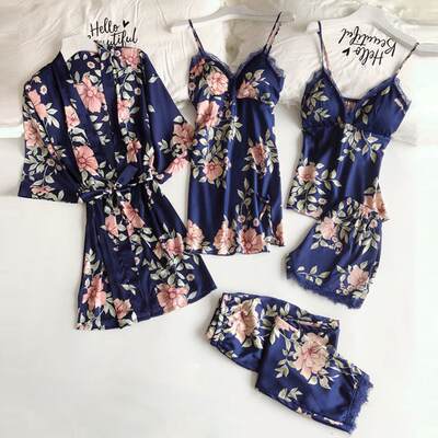 Pajamas factory wholesale printed women's sling sleeping loose comfortable lace five-piece set home wear underwear nightgown bathrobe