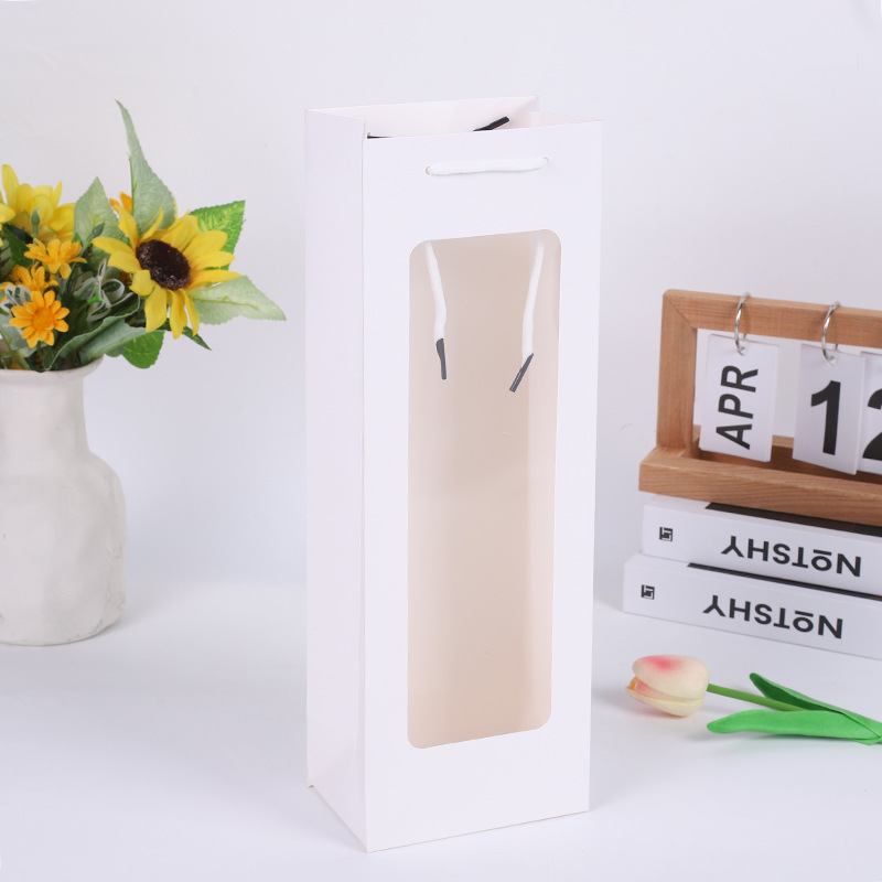New single red wine portable gift bag open window paper Kraft paper bag transparent handbag rectangular gift bag