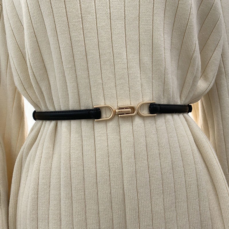 Punch-free Matte Buckle Adjusting Belt Women's Skirt with Trimmed dress Black Thin Belt with Shirt