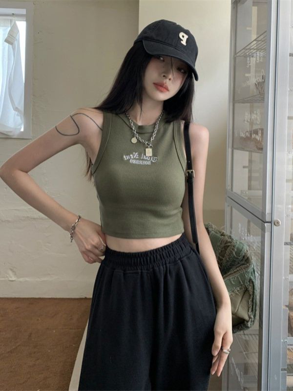 American Retro hot girl sweet cool sleeveless vest women's summer sleeveless I-shaped inner camisole outer top