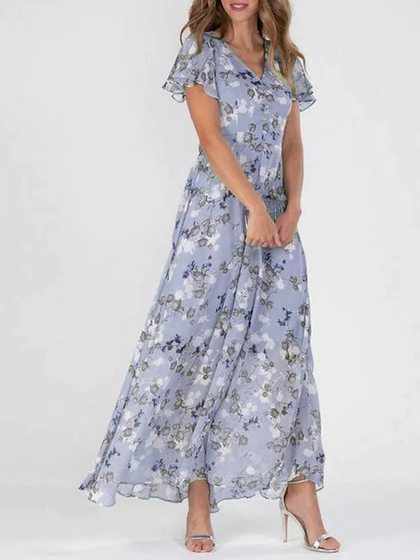 2023 European and American New Beach Large Swing Dress Chiffon Floral Short Sleeve Ruffled V-neck Fashion Tight Waist dress