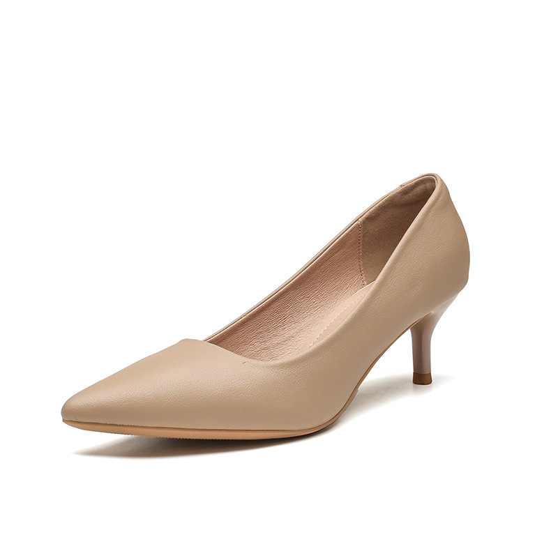Nude High Heels Women's Stiletto 2024 Spring and Summer French Soft Leather Comfortable Pointed All-match Elegant Professional Work Single-layer Shoes