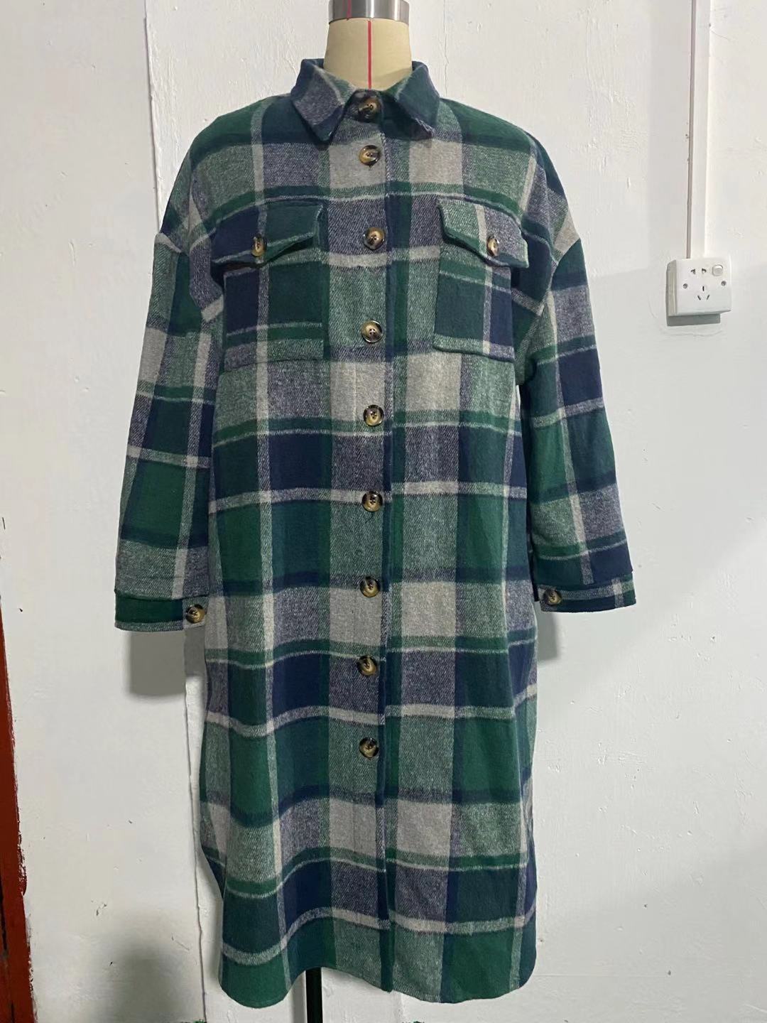 2021 Europe and America Cross-border Autumn and Winter New Women's Large Size Long Split Woolen Plaid Coat Coat_voghion.com