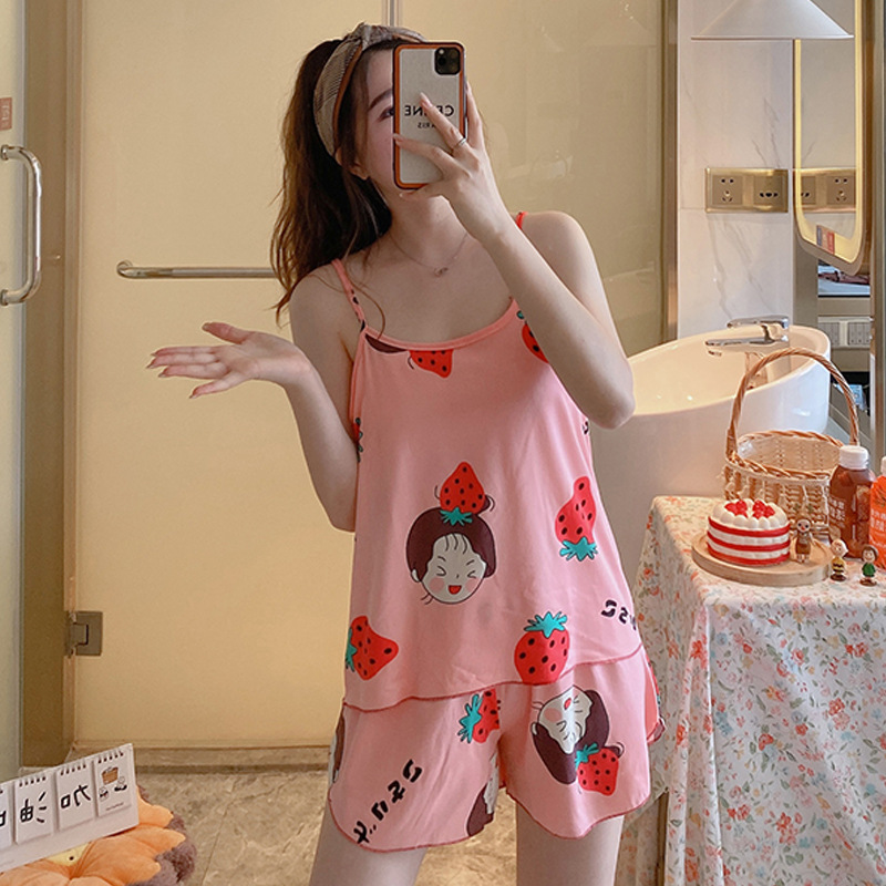 Summer New Fat plus size Women's Comfortable Simple Sling Home Clothes Pajamas Two-piece Loose Shorts suit