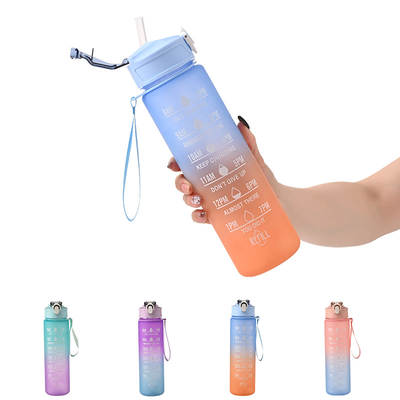 Foreign trade gradient color frosted plastic sports Cup portable rope portable fitness water bottle 800ML straw space Cup