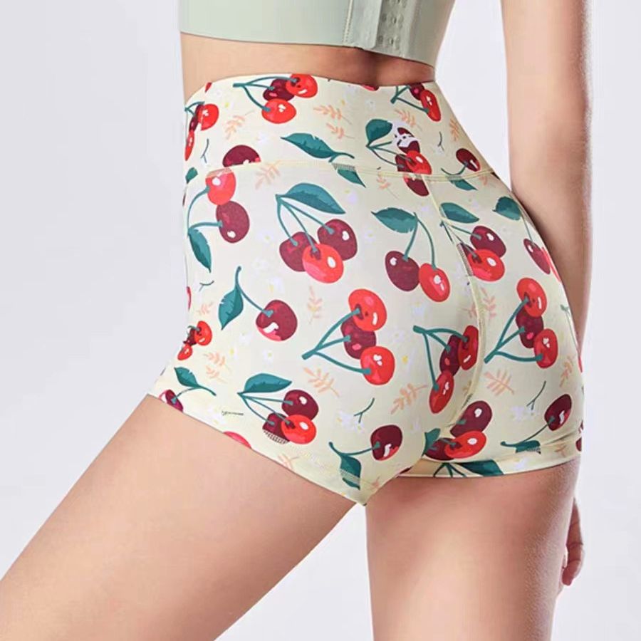 New cross-border European and American foreign trade printed fruit shorts high waist hip lifting sports fitness running yoga three-point pants for women