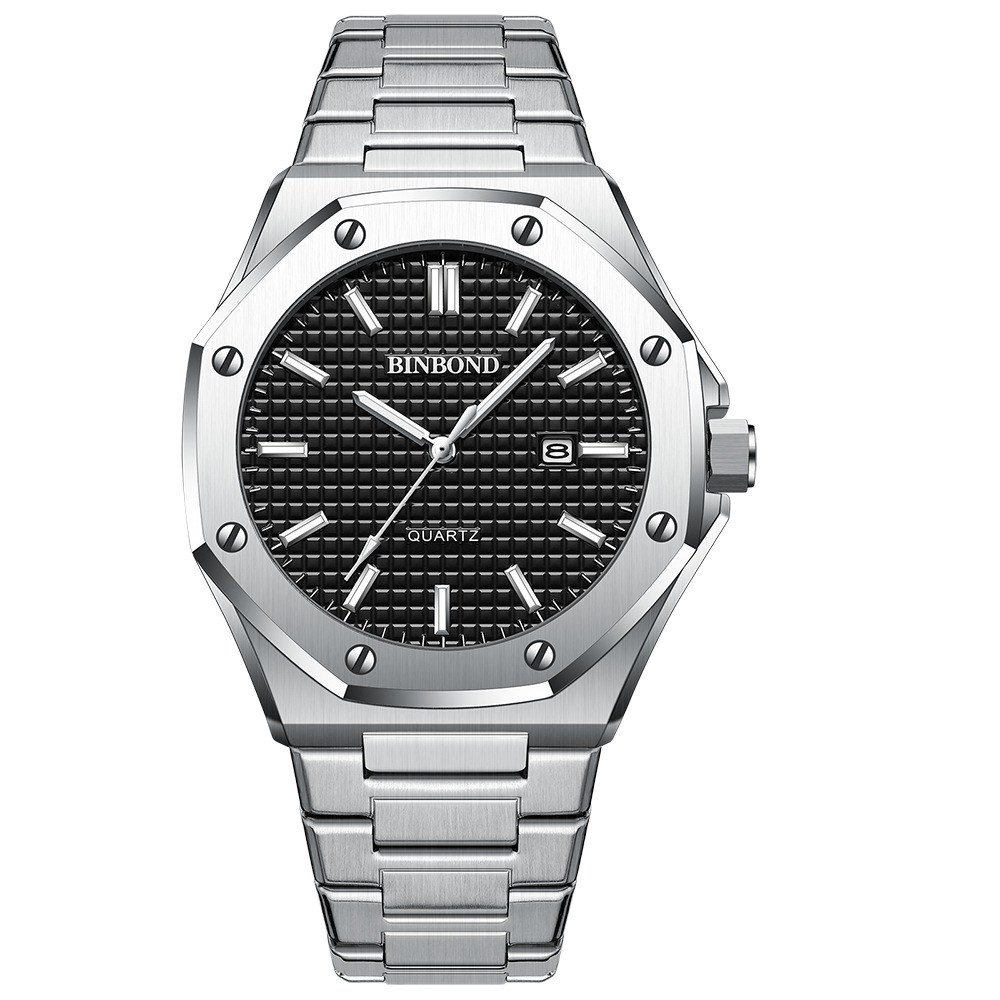 BINBOND Fashion Men's Watch Alloy Strap Octagon with Screw Decorative Ring Quartz Movement Amazon Explosions