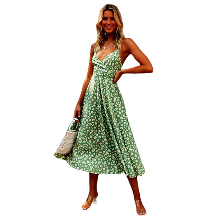 2023 Amazon Independent Station European and American Spring and Summer New Bohemian Sexy Sling Printed Beach Dress for Women