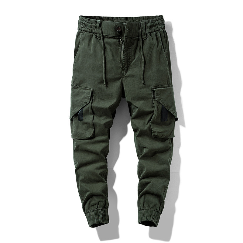 Cross-border casual pants men's spring and autumn cotton loose straight multi-pocket overalls men's trousers youth ankle-tied pants men