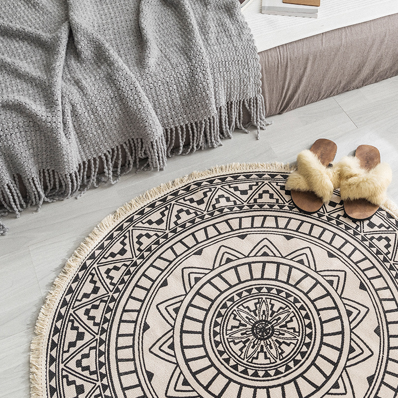 Cross-border Nordic ethnic cotton and linen floor mat round retro plain handmade carpet bedroom bedside floor mat