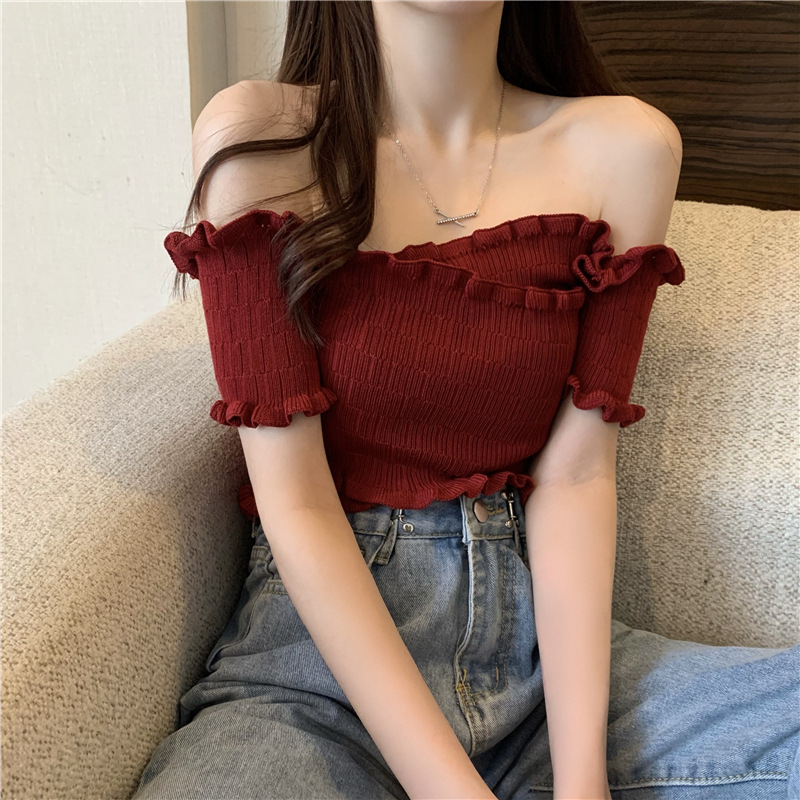 Off-shoulder cross-design thin wooden ear sexy hot girl off-shoulder short sleeve sweater women's spring and autumn women's bm