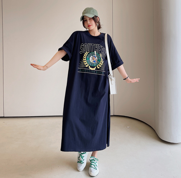 Fat mm large size summer simple knee-length lazy dress split 2023 new long Korean dress 200kg