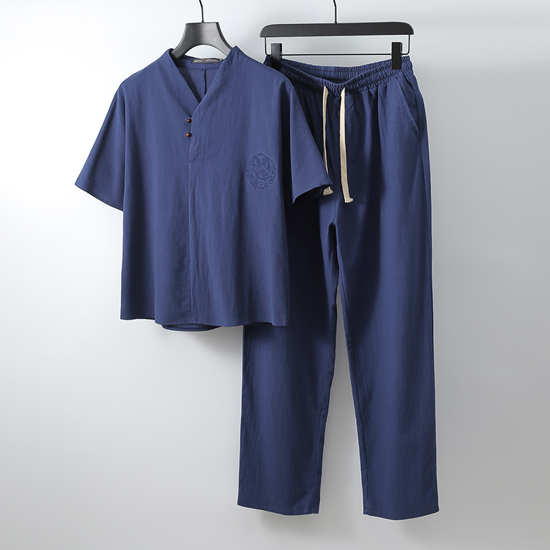 Cotton and Linen Suit Men's Summer V-collar Brand Two-piece Set Chinese Style Large Size Clothes Casual Men's Linen Short-sleeved T-shirt