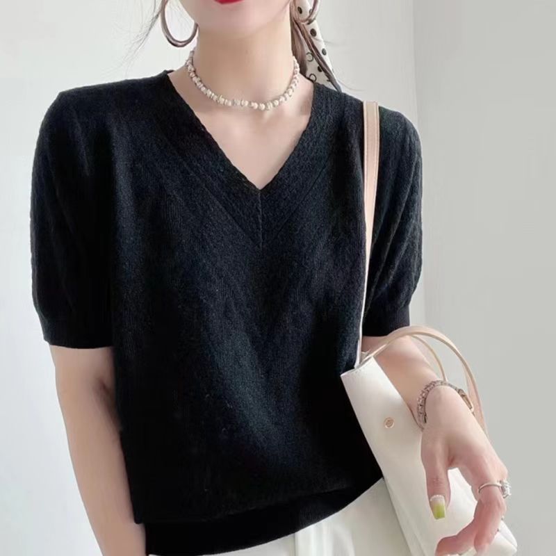 European Design Sense V-neck Knitted T-shirt Women's 2023 Spring and Summer New All-match Loose Fashion Slimming Short-sleeved Sweater