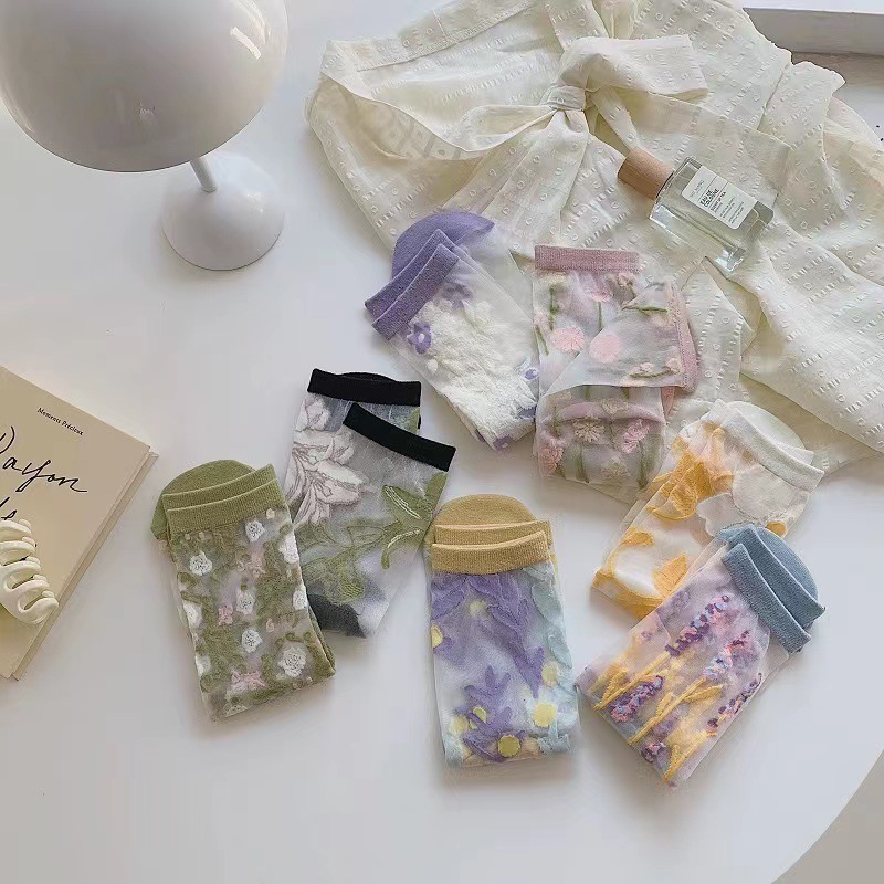 JK Glass Silk Socks for Women Summer Crystal Stockings Ultra-thin Transparent Cassette Cotton Bottom Mid-calf Socks for Women Manufacturers Wholesale