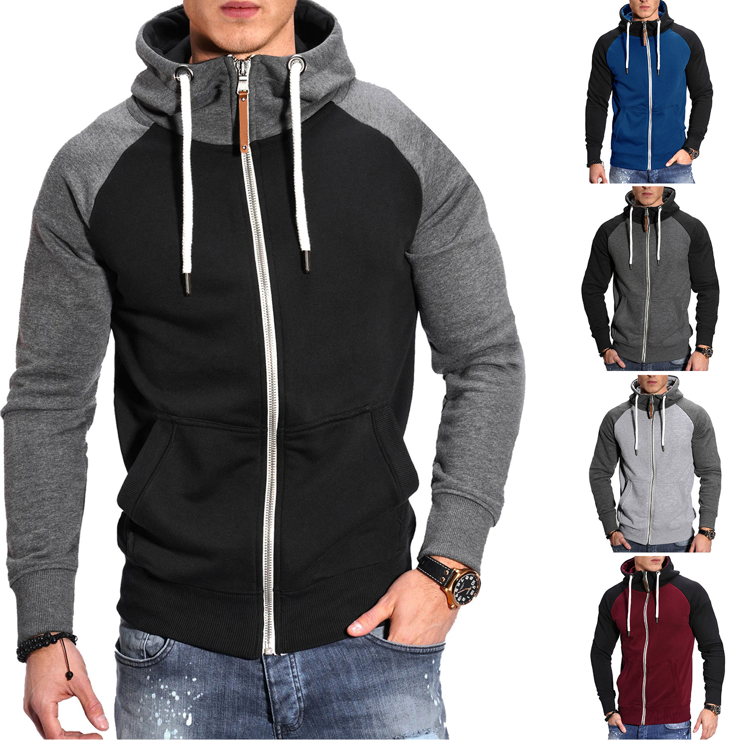 Foreign Trade European Size Men's Color Splicing Fitness Sports Men's Sweater Casual Fashion Contrast Raglan Sleeve Cardigan Top