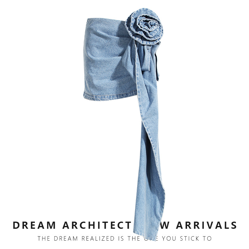 23 spring and summer new denim skirt 3D three-dimensional rose pendant long build high waist hip mini denim overskirt