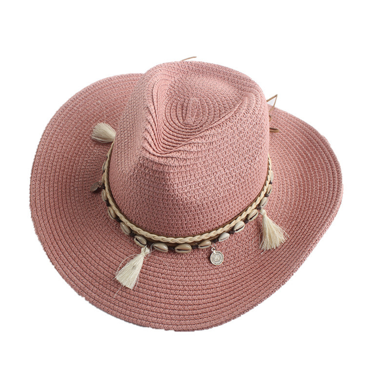 Ethnic Style Unisex Men and Women's Travel Big Brimmed Straw Hat Tassel Shell Couple's Topper Hat Jazz Sun Protection Hat