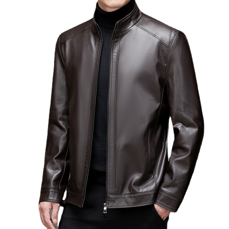 Haining Leather Men's Middle-aged Slim-fit Short Leather Jacket Men's Business Casual Fleece Plus Size Leather Leather Jacket