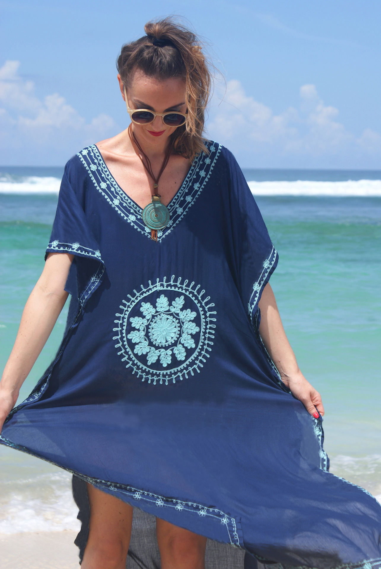 European and American Printed Loose plus size Beach Dress Long Gown Holiday dress Bikini Blouse Women's Sun Protection Clothing
