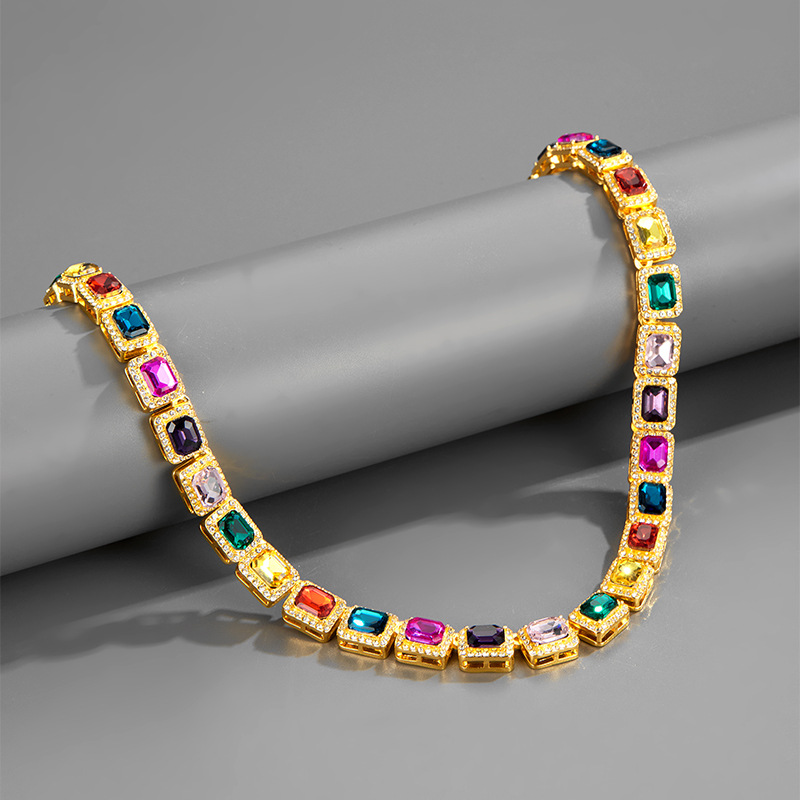 European and American men's 10mm color zircon Cuban chain hiphop rap jewelry personality hip hop wind necklace wholesale