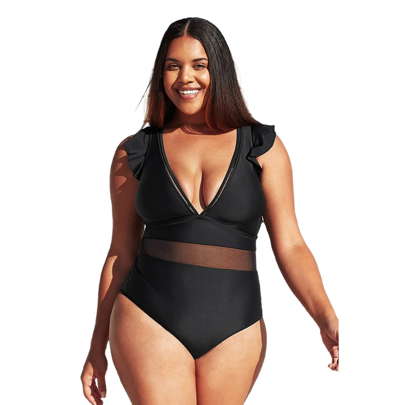 Cross-border New European and American Women's Fat-added one-piece Swimsuit Solid Color Mesh Stitching plus size Swimsuit AliExpress bikini