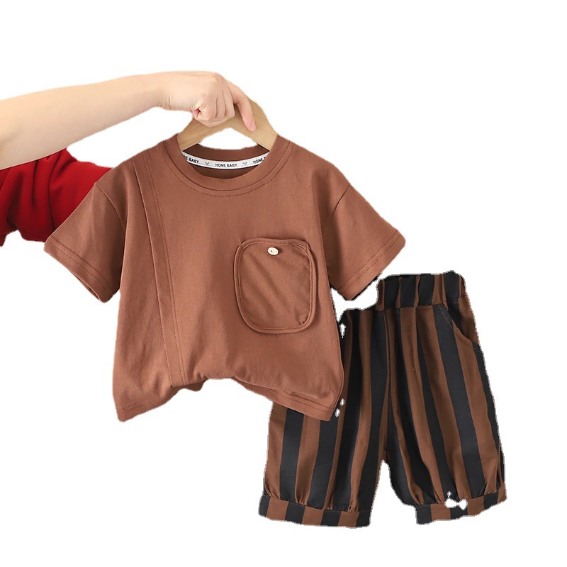 Summer boys suit Korean version  new solid color round neck T-shirt two-piece set striped bloomer suit wholesale