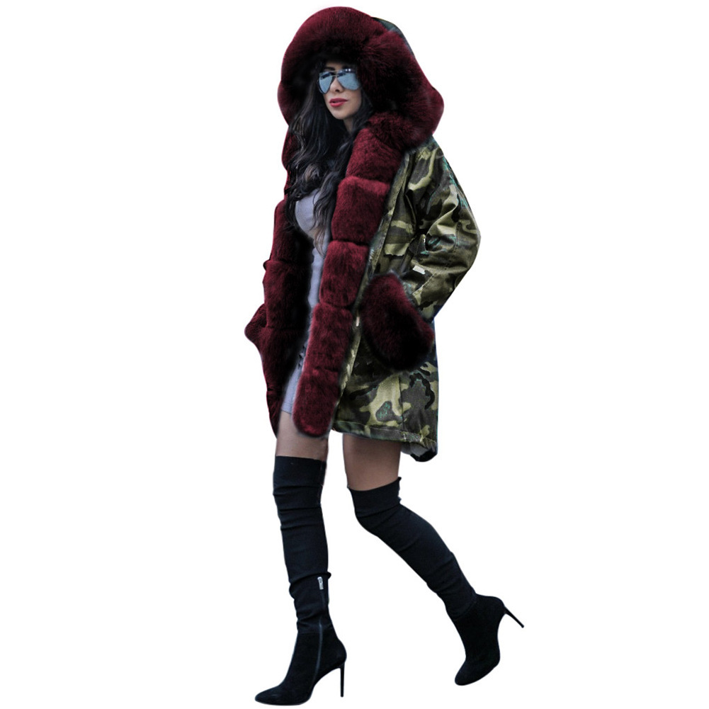 2022 Autumn and Winter New Slim-fit Warm Cotton-padded Coat Women's Camouflage Coat Long Fur Collar Hooded Coat_voghion.com