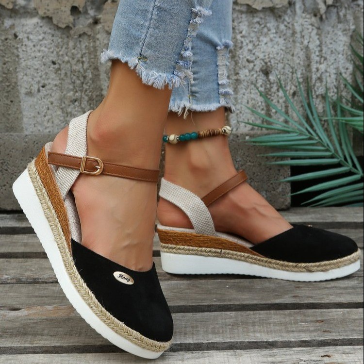 Spot Cross-border Foreign Trade Large Size Color-matching Baotou Rear Empty Sandals Wedge Heeled Lightweight Hemp Rope Buckle Women's Shoes Cool Thick Sole