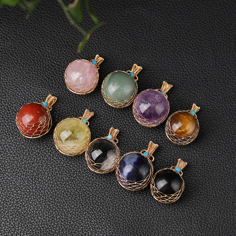 Wholesale natural crystal ball pendant multi-material hand-woven necklace jewelry stone polished cross-border hot sale