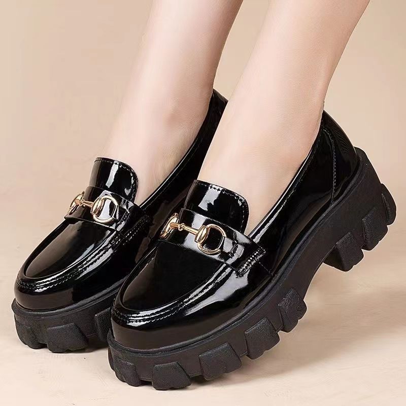 Small Leather Shoes Women's Style Black Single-layer Shoes Thick-soled One-step Loafers Shows High Student Women's Platform Shoes