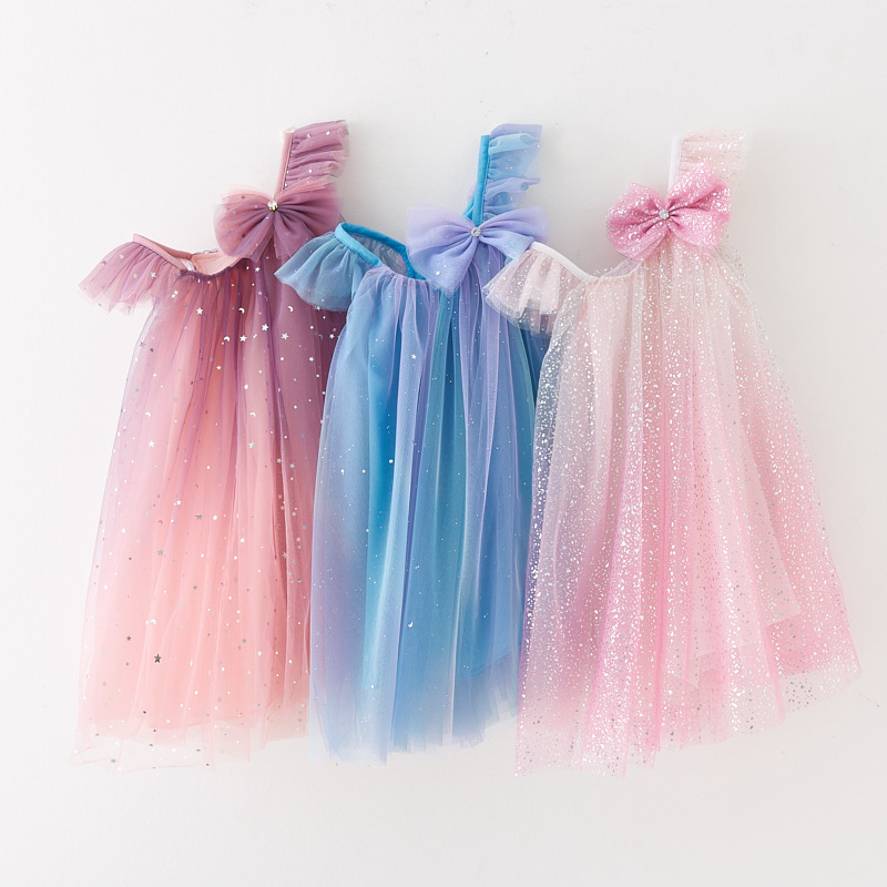 Girls' bow hair accessories mesh dress new children's stage dress flower girl princess dress sequined rainbow dress