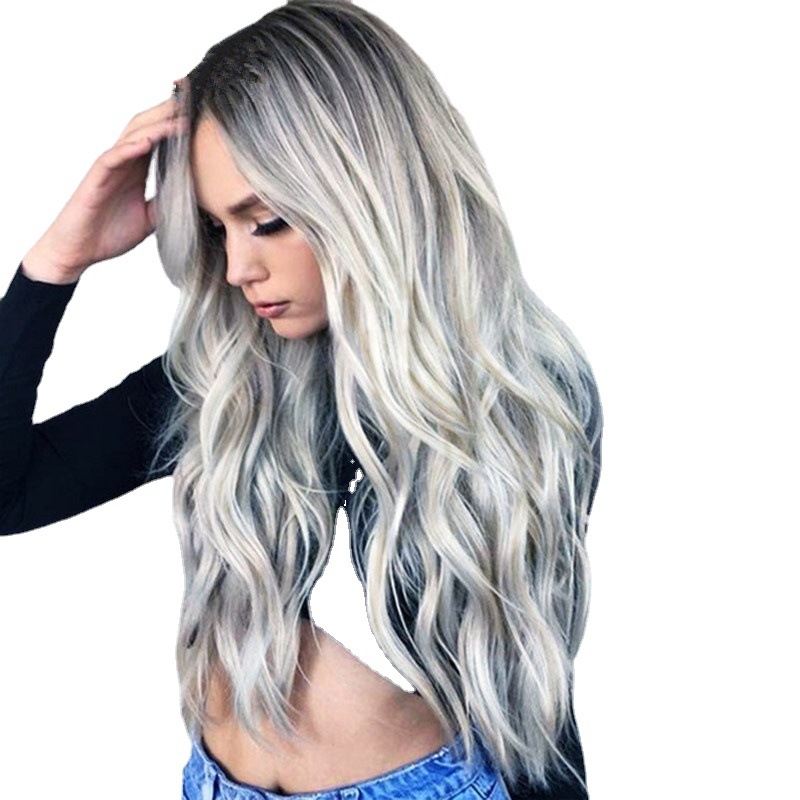 Foreign trade wig women's gradient gray long curly hair wigs European and American fashion long hair large wave headgear stock is sufficient
