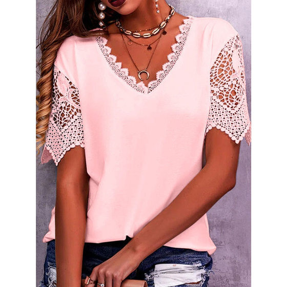 2023 European and American Foreign Trade Cross-border Women's T-shirt Amazon Explosive Lace Stitching Loose V-neck Short Sleeve T-shirt
