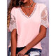 2023 European and American Foreign Trade Cross-border Women's T-shirt Amazon Explosive Lace Stitching Loose V-neck Short Sleeve T-shirt