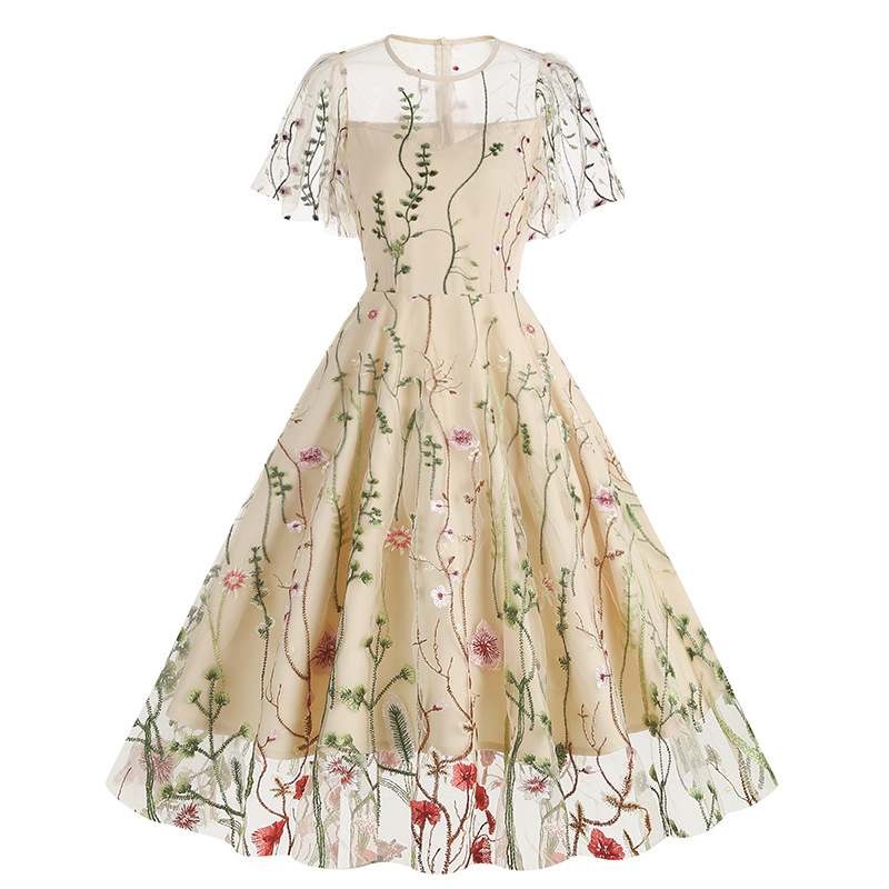 Amazon Europe and the United States cross-border round neck short sleeve heavy embroidery dress 50s dress 8235