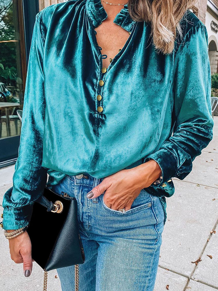 Fall 2024 new pure color velvet chiffon shirt for women European and American thin deep V-neck button long sleeve top for women