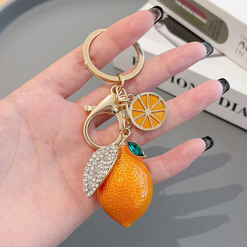 Creative simulation fruit cute rhinestone small lemon car key chain Women's bag pendant key chain cartoon gift
