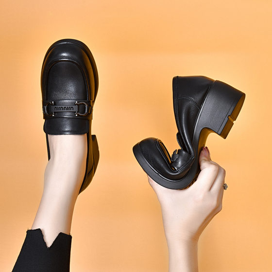 Round toe slip-on loafers women's 2023 first layer cowhide metal buckle chunky heel single-layer shoes small leather shoes physical exclusive
