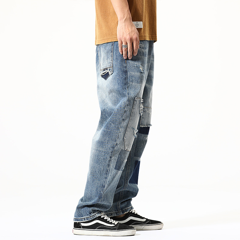 American Retro Ripped Jeans Men's Loose Straight Casual Pants Trendy Brand Patch Nine-point Torre Pants Large Size Men