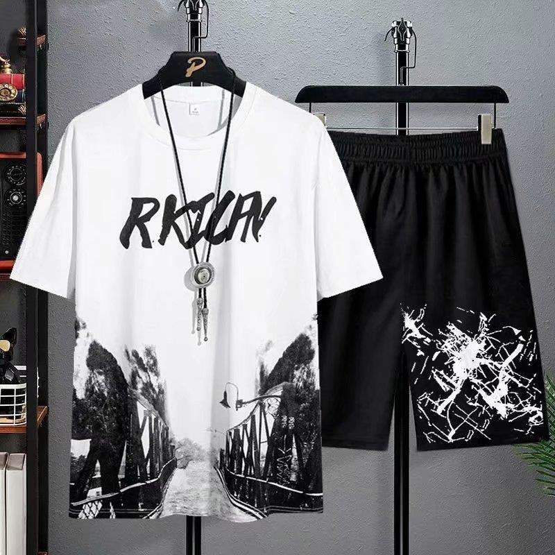 Summer New Ice Silk Short-sleeved T-shirt Men's Sports Suit Young Students Loose Large Size Half-length Pants Top Clothes