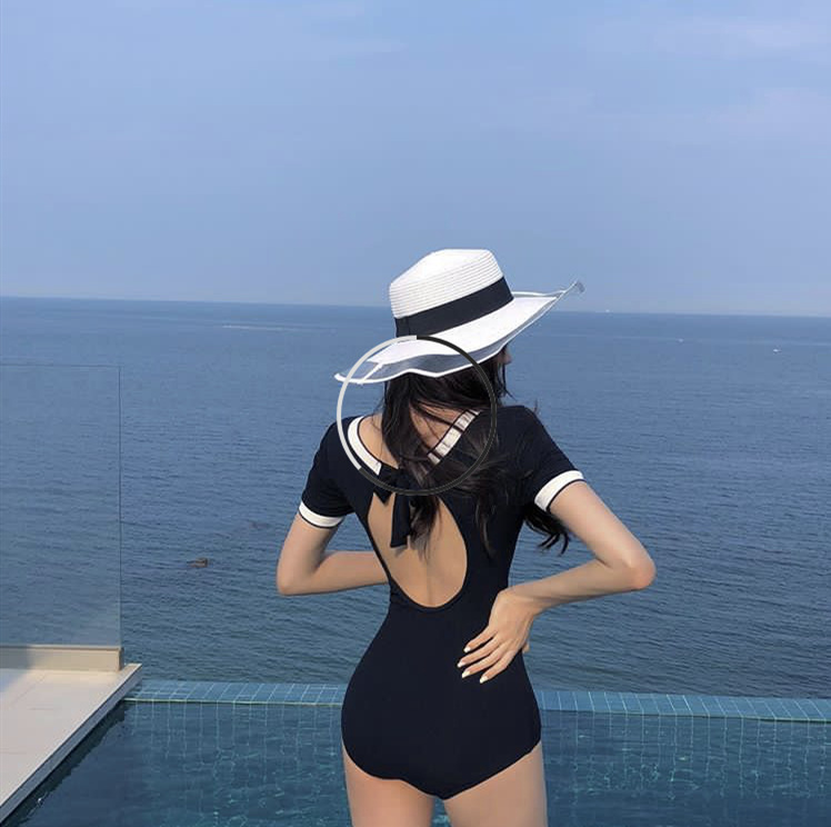 2022ins Japanese Korean net red skirt one-piece swimsuit black small chest two-piece hot spring conservative swimsuit for women