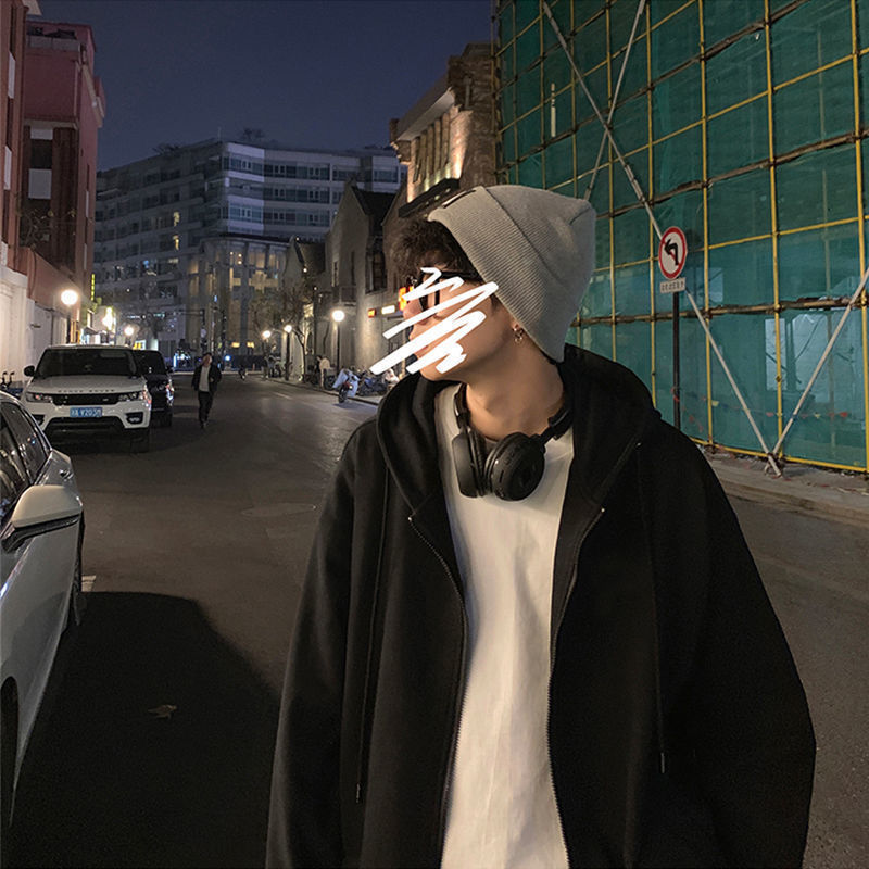 Autumn and winter Hong Kong style sweatshirt men's hooded cardigan Korean style trendy student fleece jacket loose sports casual top