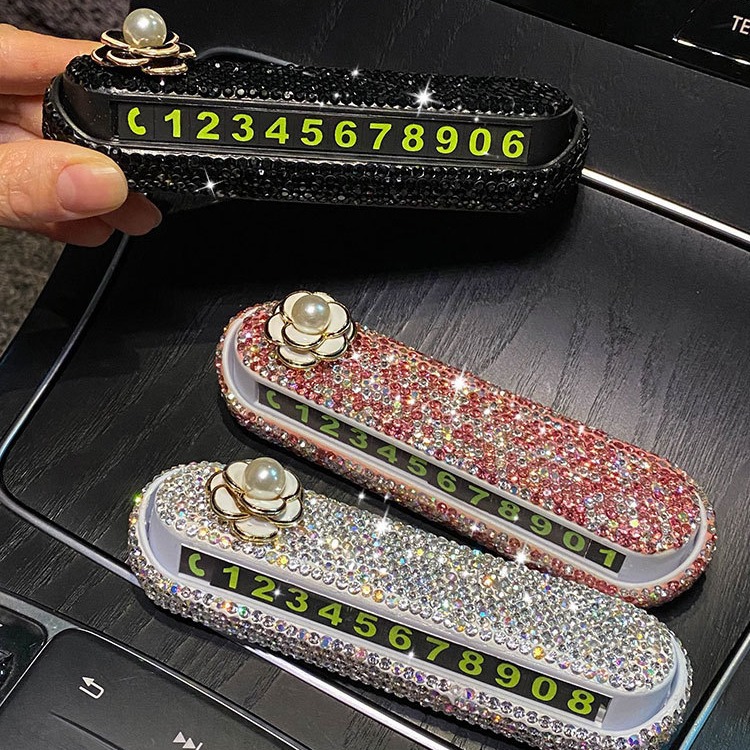 High-grade diamond-encrusted car temporary parking plate female online celebrity creative phone number plate car moving card car moving decoration