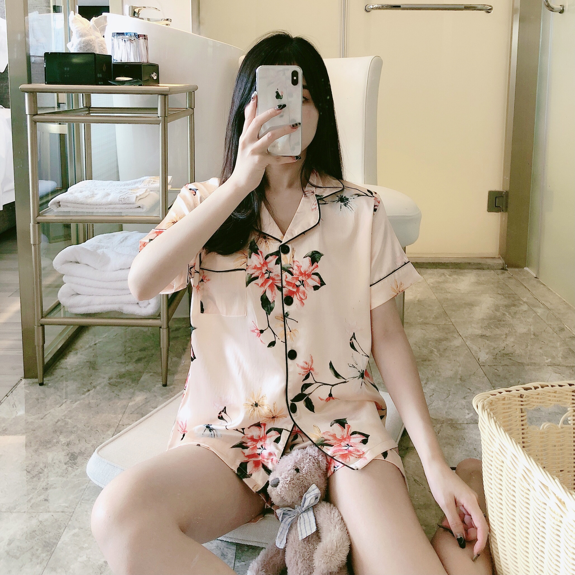 Pajamas Women's Summer New Sweet Cute 5050 Silk Cardigan Lapel Short-sleeved Shorts Home Clothes Two-piece Set