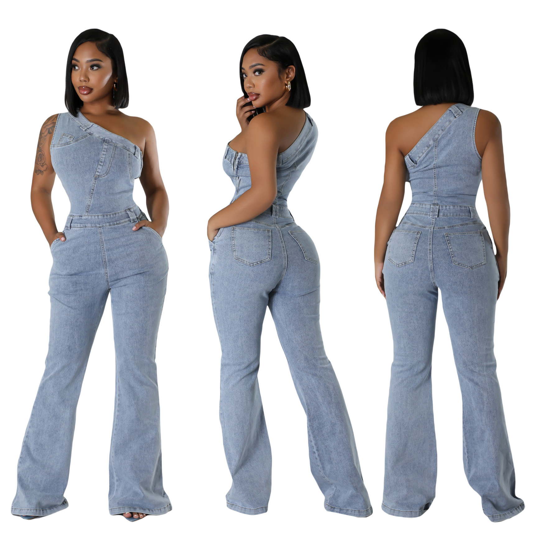 oblique shoulder tight waist slim stretch wash water Denim jumpsuit jumpsuit flared pants