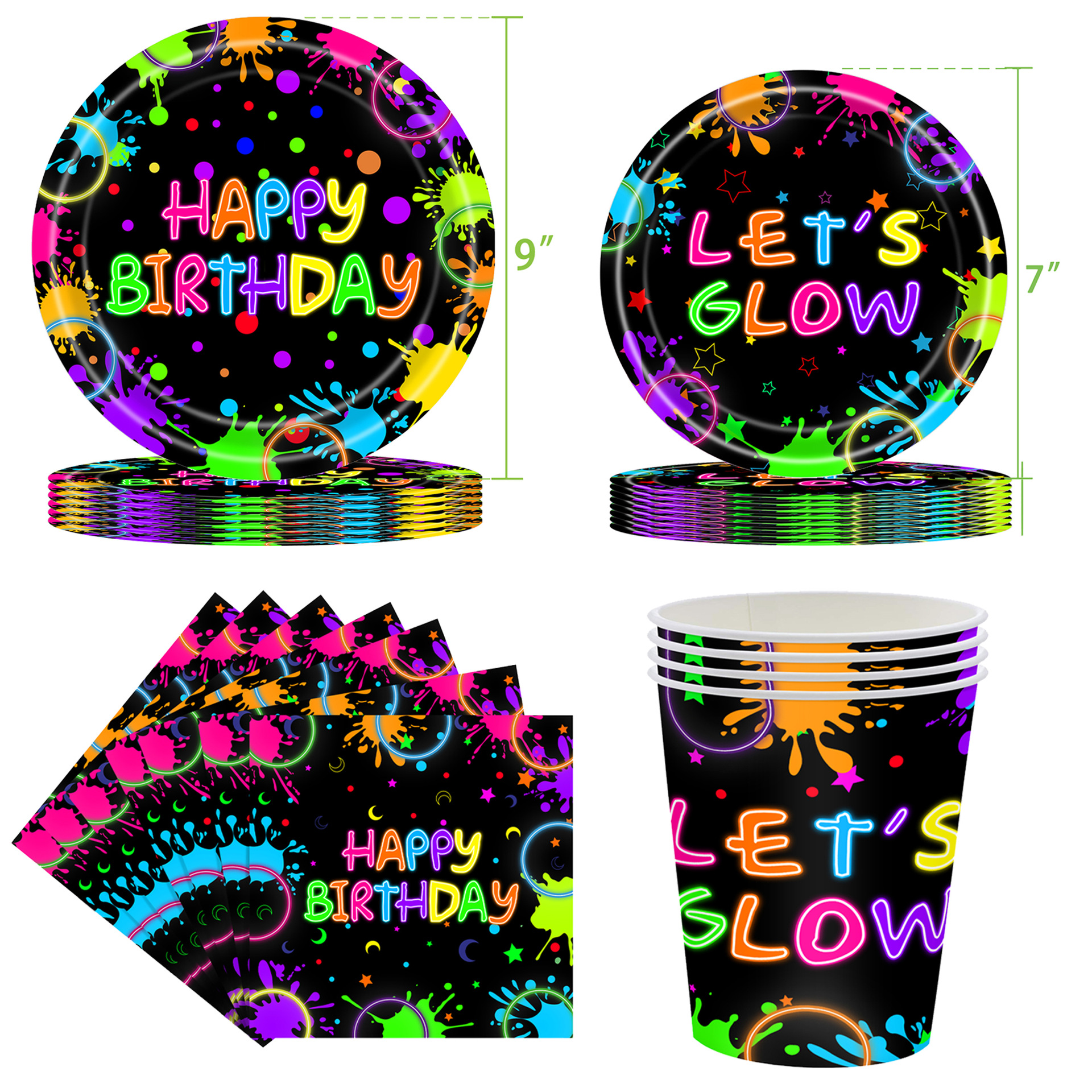 Popular luminous party supplies children's birthday party neon theme dance party tableware paper cup paper plate