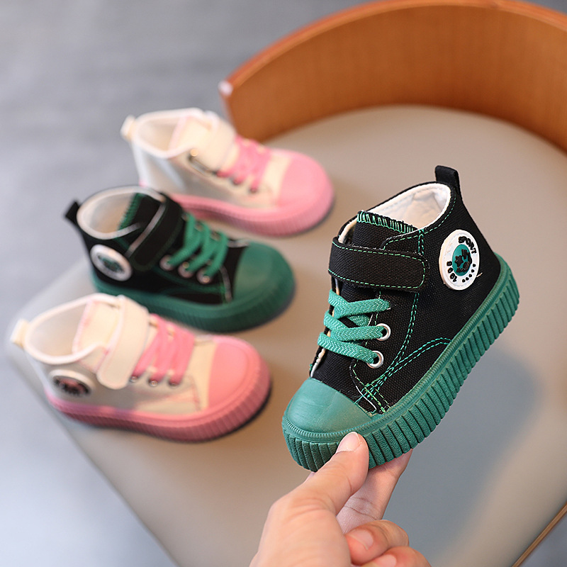 Solid Sole Mid-top Children's Spring and Autumn Canvas Shoes Casual Shoes Girls Boys' Board Shoes Breathable Honeycomb Insole Biscuit Shoes
